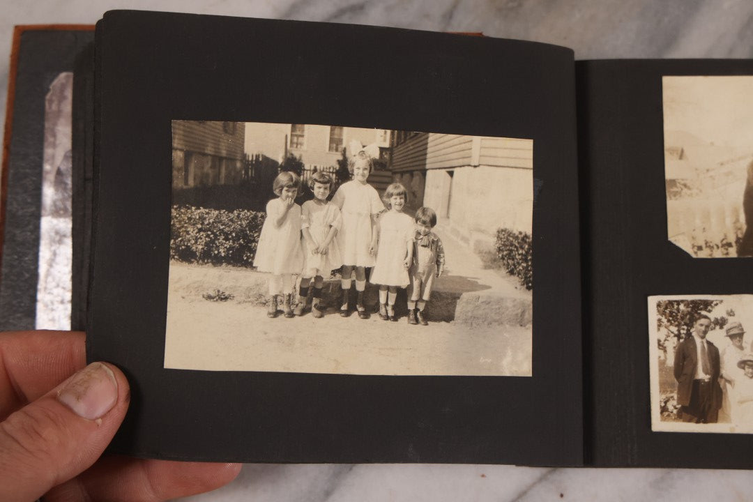 Lot 168 - Antique Snapshot Photograph Album, Leather Covers With Hand-Painted Pink Flower, Including Photos Of People With Bikes, Soldiers In Uniform, Babies, Children, Dolls, Pets, Circa 1900s-1910s