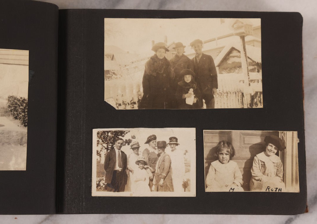 Lot 168 - Antique Snapshot Photograph Album, Leather Covers With Hand-Painted Pink Flower, Including Photos Of People With Bikes, Soldiers In Uniform, Babies, Children, Dolls, Pets, Circa 1900s-1910s