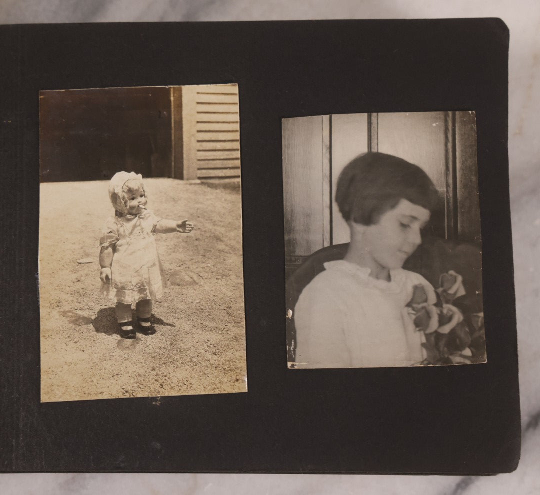 Lot 168 - Antique Snapshot Photograph Album, Leather Covers With Hand-Painted Pink Flower, Including Photos Of People With Bikes, Soldiers In Uniform, Babies, Children, Dolls, Pets, Circa 1900s-1910s