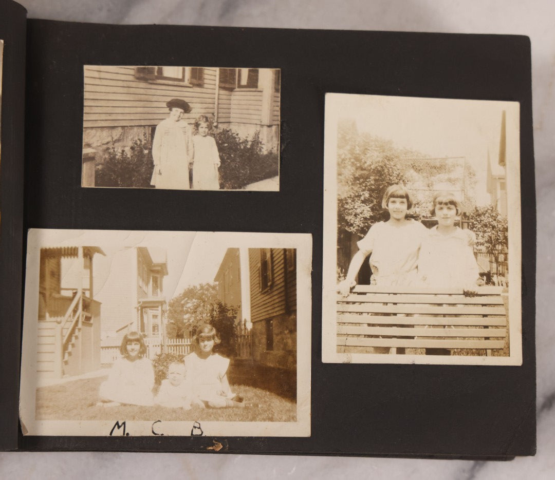 Lot 168 - Antique Snapshot Photograph Album, Leather Covers With Hand-Painted Pink Flower, Including Photos Of People With Bikes, Soldiers In Uniform, Babies, Children, Dolls, Pets, Circa 1900s-1910s
