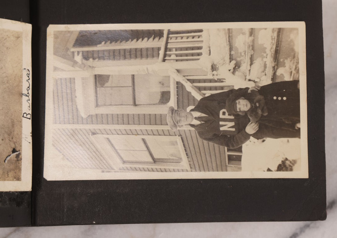 Lot 168 - Antique Snapshot Photograph Album, Leather Covers With Hand-Painted Pink Flower, Including Photos Of People With Bikes, Soldiers In Uniform, Babies, Children, Dolls, Pets, Circa 1900s-1910s