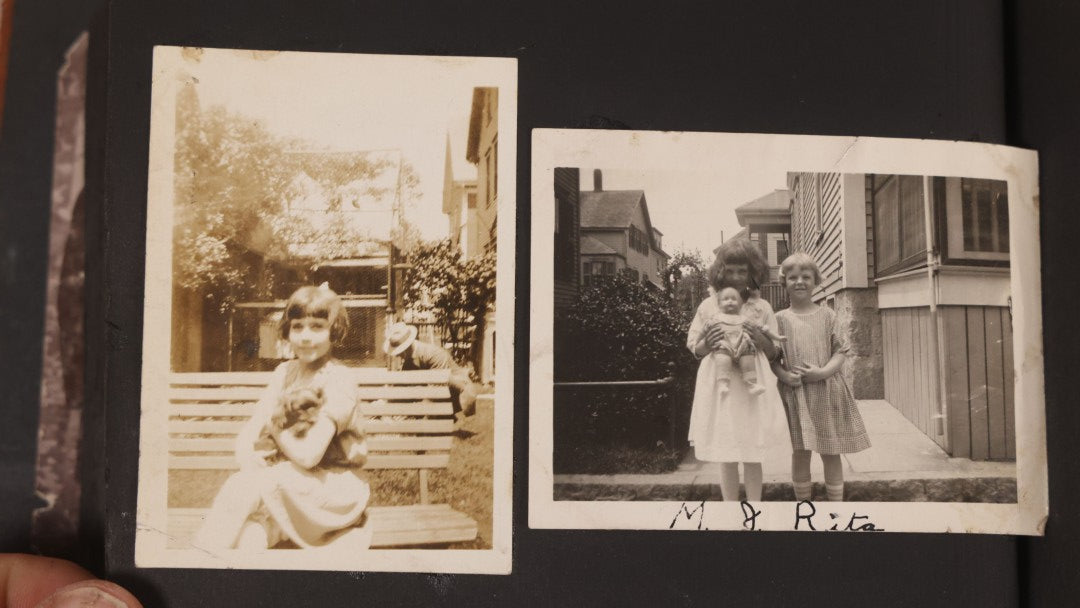 Lot 168 - Antique Snapshot Photograph Album, Leather Covers With Hand-Painted Pink Flower, Including Photos Of People With Bikes, Soldiers In Uniform, Babies, Children, Dolls, Pets, Circa 1900s-1910s