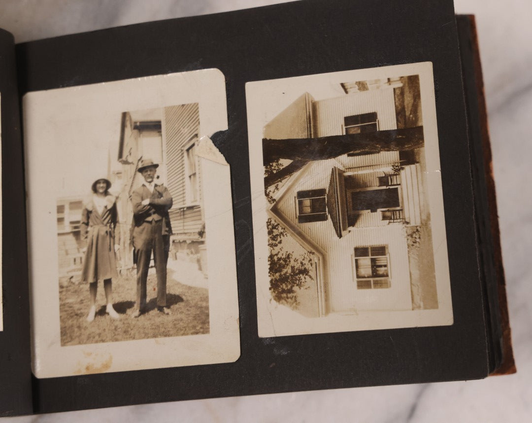 Lot 168 - Antique Snapshot Photograph Album, Leather Covers With Hand-Painted Pink Flower, Including Photos Of People With Bikes, Soldiers In Uniform, Babies, Children, Dolls, Pets, Circa 1900s-1910s