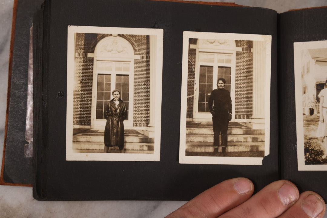Lot 168 - Antique Snapshot Photograph Album, Leather Covers With Hand-Painted Pink Flower, Including Photos Of People With Bikes, Soldiers In Uniform, Babies, Children, Dolls, Pets, Circa 1900s-1910s