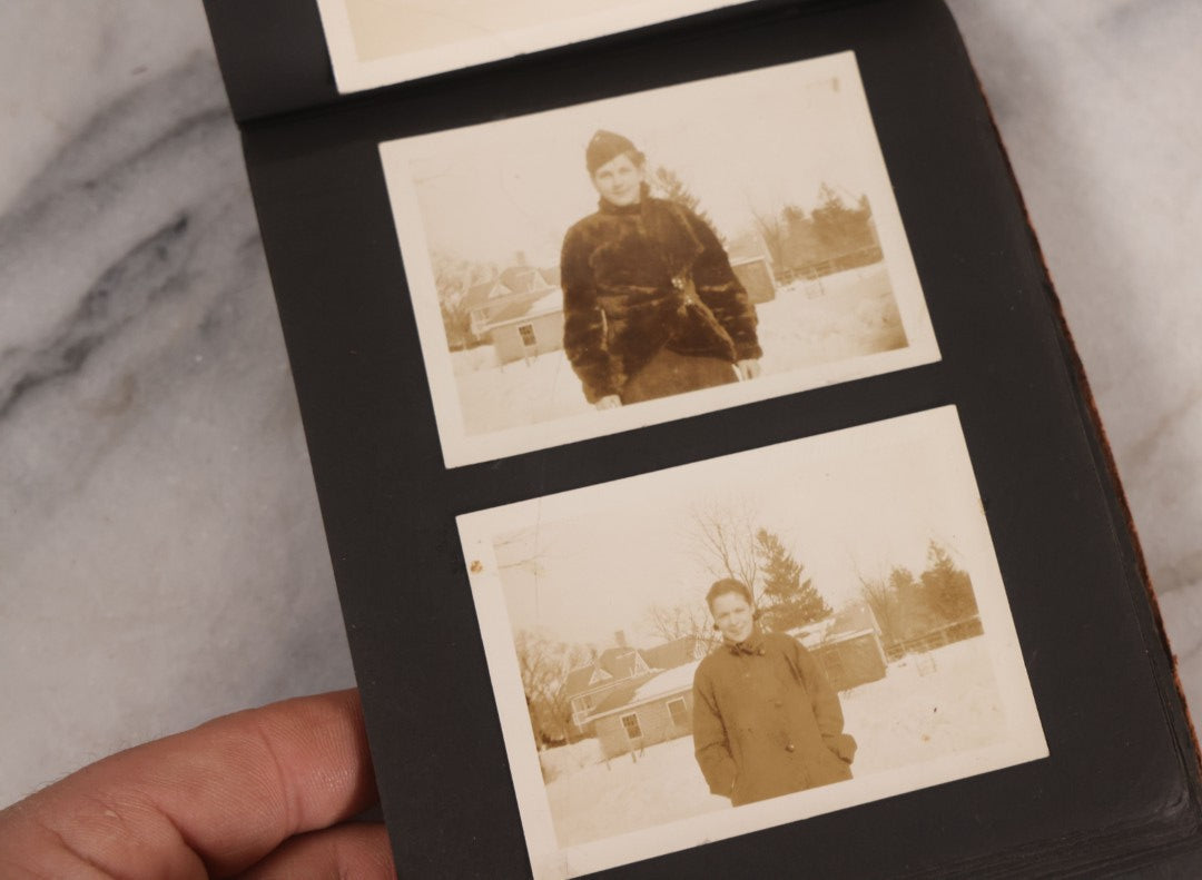 Lot 168 - Antique Snapshot Photograph Album, Leather Covers With Hand-Painted Pink Flower, Including Photos Of People With Bikes, Soldiers In Uniform, Babies, Children, Dolls, Pets, Circa 1900s-1910s