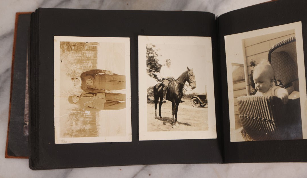 Lot 168 - Antique Snapshot Photograph Album, Leather Covers With Hand-Painted Pink Flower, Including Photos Of People With Bikes, Soldiers In Uniform, Babies, Children, Dolls, Pets, Circa 1900s-1910s