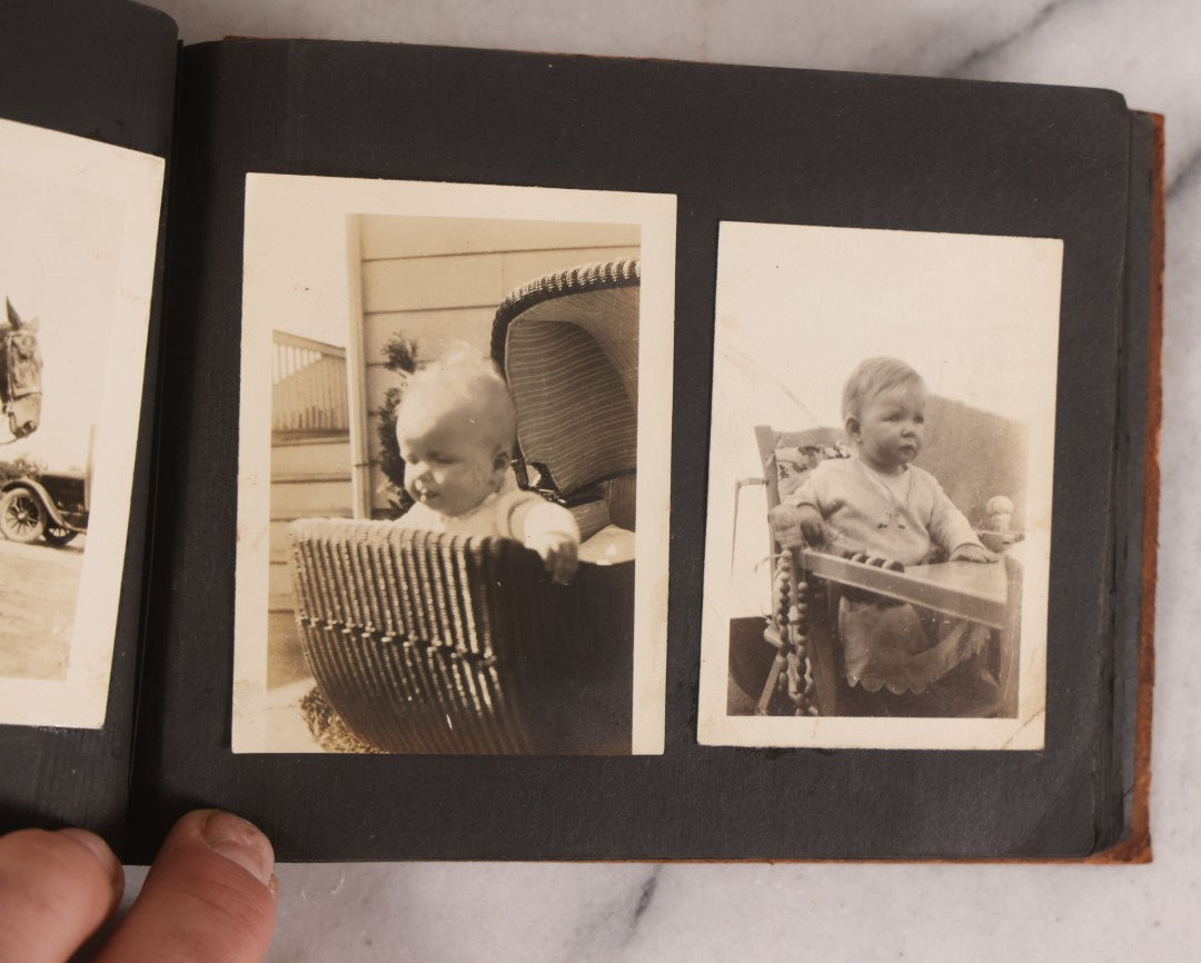 Lot 168 - Antique Snapshot Photograph Album, Leather Covers With Hand-Painted Pink Flower, Including Photos Of People With Bikes, Soldiers In Uniform, Babies, Children, Dolls, Pets, Circa 1900s-1910s