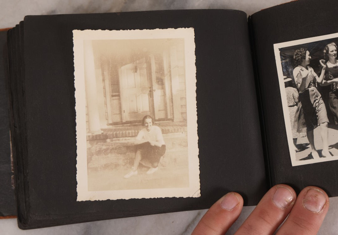 Lot 168 - Antique Snapshot Photograph Album, Leather Covers With Hand-Painted Pink Flower, Including Photos Of People With Bikes, Soldiers In Uniform, Babies, Children, Dolls, Pets, Circa 1900s-1910s