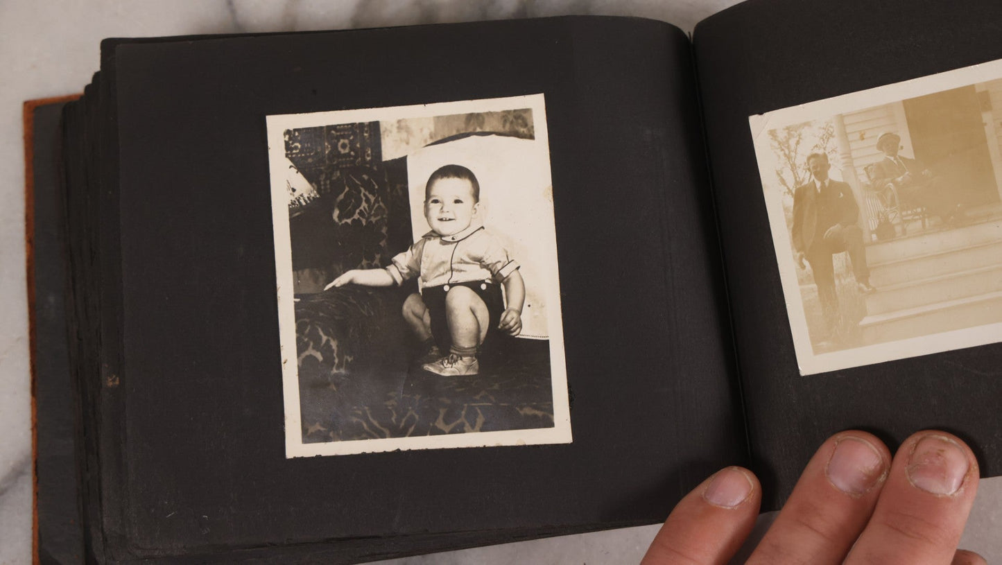 Lot 168 - Antique Snapshot Photograph Album, Leather Covers With Hand-Painted Pink Flower, Including Photos Of People With Bikes, Soldiers In Uniform, Babies, Children, Dolls, Pets, Circa 1900s-1910s
