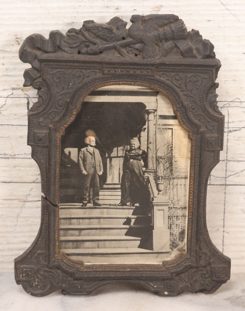 Lot 170 - Grouping Of 10 Antique Photographs In Miscellaneous Frames Including Damaged Thermoplastic Frame, Illustrated Frame With Brownies Characters, Folding Glass Mounted Photo Frame With Pastor And Church, Velvet Frame With C.D.V. Of Child, Tintypes