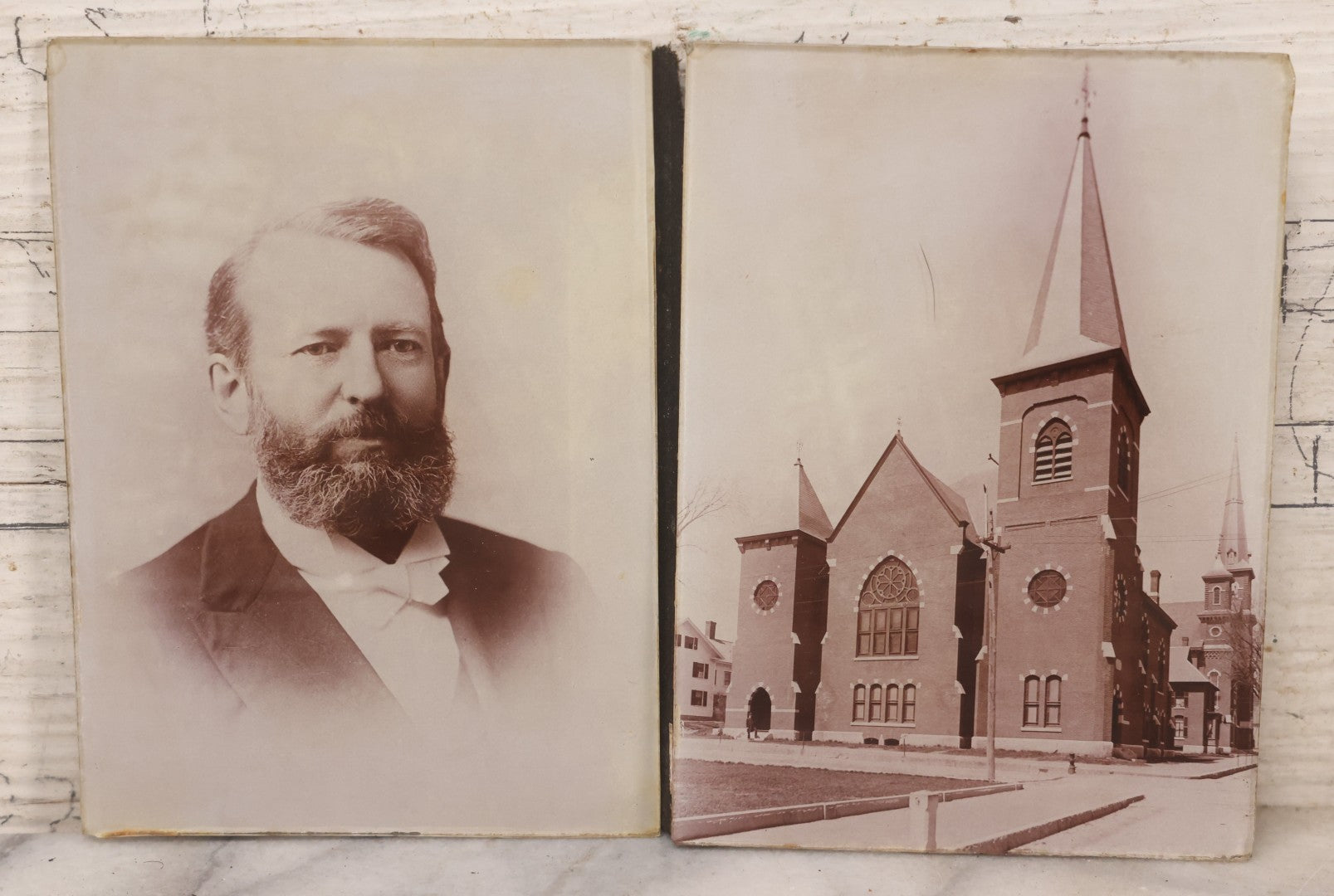 Lot 170 - Grouping Of 10 Antique Photographs In Miscellaneous Frames Including Damaged Thermoplastic Frame, Illustrated Frame With Brownies Characters, Folding Glass Mounted Photo Frame With Pastor And Church, Velvet Frame With C.D.V. Of Child, Tintypes