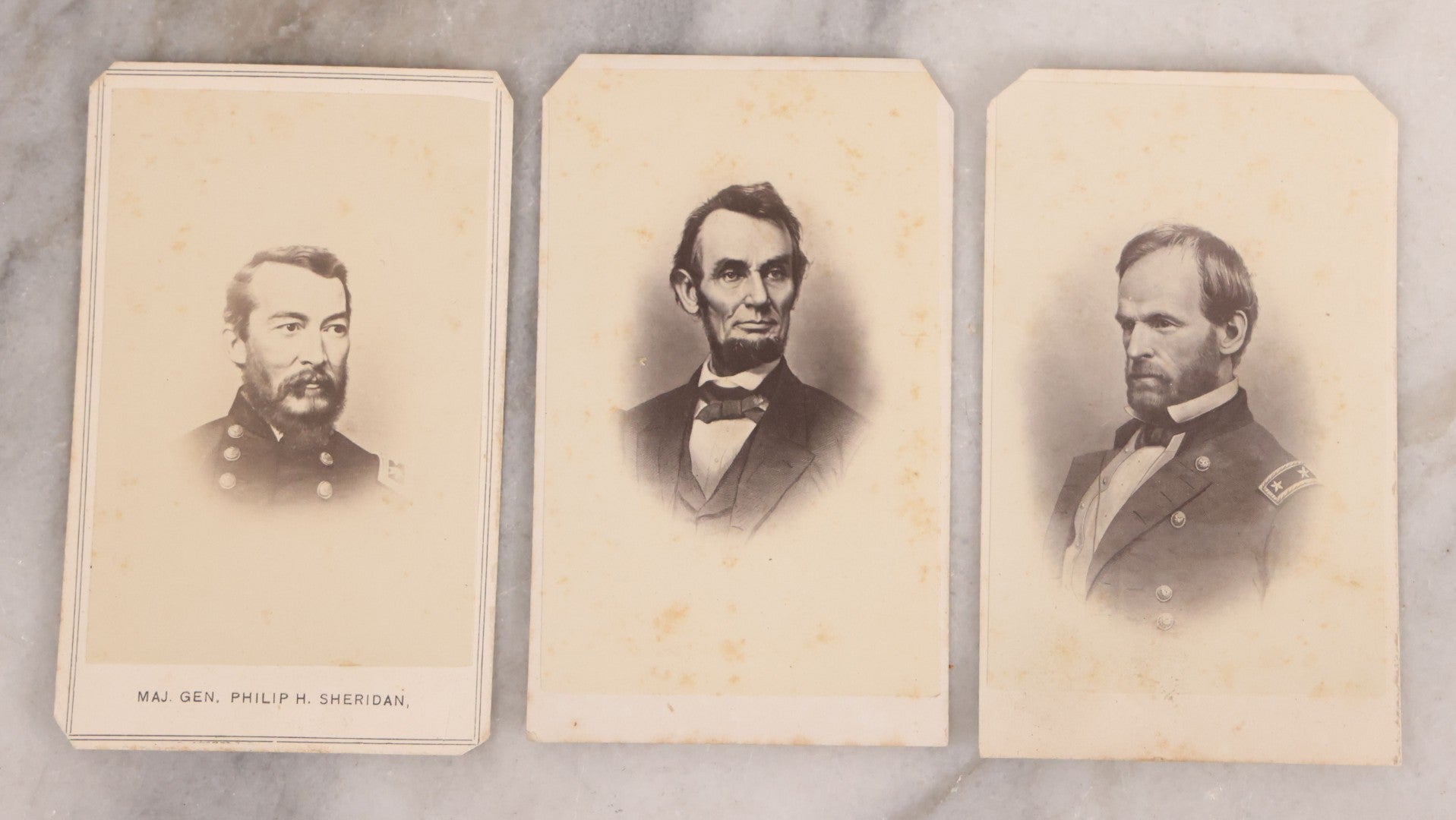Lot 172 - Trio Of Antique Civil War Era Illustrated Carte De Visite C.D.V. Filler Cards Including President Abraham Lincoln, Union Army Generals William Tecumseh Sherman And Philip H. Sheridan, Lincoln And Sherman Published By Joseph Ward, Boston