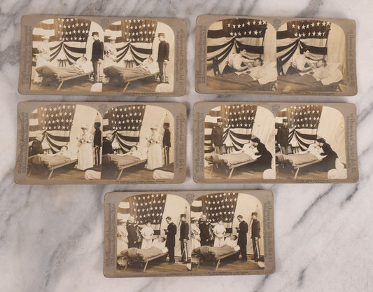 Lot 173 - Grouping Of Five Antique Stereo View Cards, Romantic Scenes Of Wounded Soldier In Bed Before American Flag, Art Nouveau (Platino) Stereograph Cards Published By Universal Photo Art Co., Copyright C.H. Graves, Publisher, 1907, Philadelphia