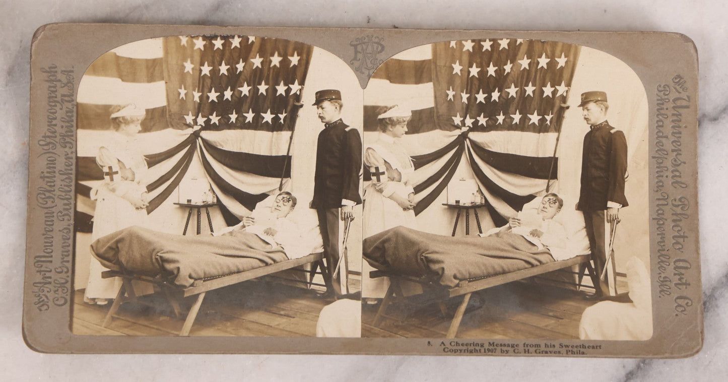 Lot 173 - Grouping Of Five Antique Stereo View Cards, Romantic Scenes Of Wounded Soldier In Bed Before American Flag, Art Nouveau (Platino) Stereograph Cards Published By Universal Photo Art Co., Copyright C.H. Graves, Publisher, 1907, Philadelphia