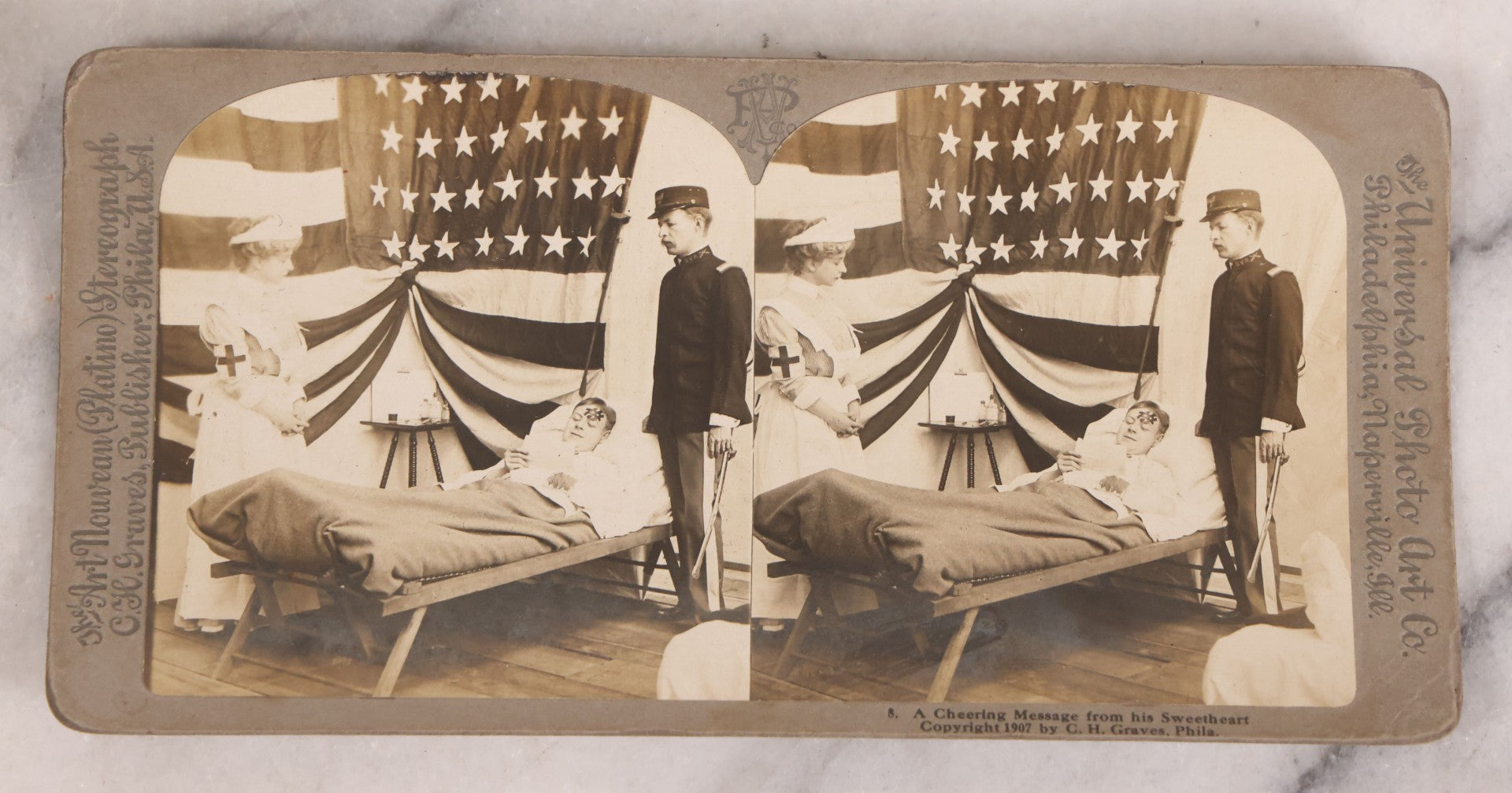 Lot 173 - Grouping Of Five Antique Stereo View Cards, Romantic Scenes Of Wounded Soldier In Bed Before American Flag, Art Nouveau (Platino) Stereograph Cards Published By Universal Photo Art Co., Copyright C.H. Graves, Publisher, 1907, Philadelphia