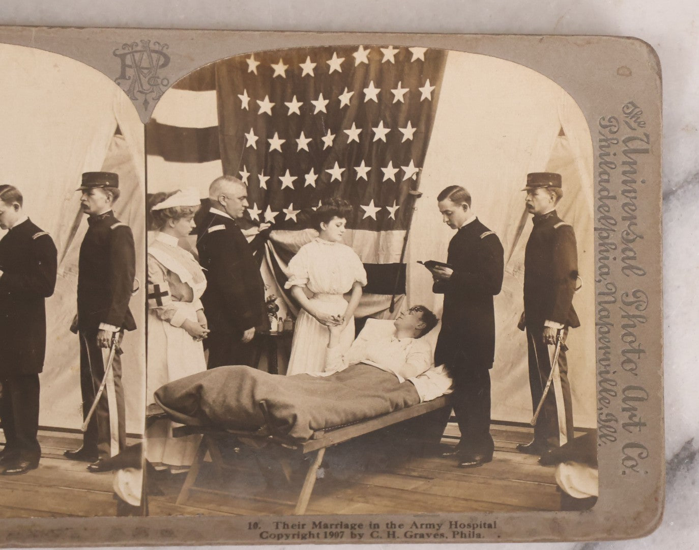 Lot 173 - Grouping Of Five Antique Stereo View Cards, Romantic Scenes Of Wounded Soldier In Bed Before American Flag, Art Nouveau (Platino) Stereograph Cards Published By Universal Photo Art Co., Copyright C.H. Graves, Publisher, 1907, Philadelphia