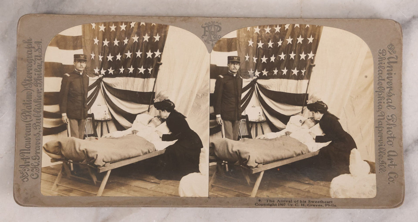 Lot 173 - Grouping Of Five Antique Stereo View Cards, Romantic Scenes Of Wounded Soldier In Bed Before American Flag, Art Nouveau (Platino) Stereograph Cards Published By Universal Photo Art Co., Copyright C.H. Graves, Publisher, 1907, Philadelphia