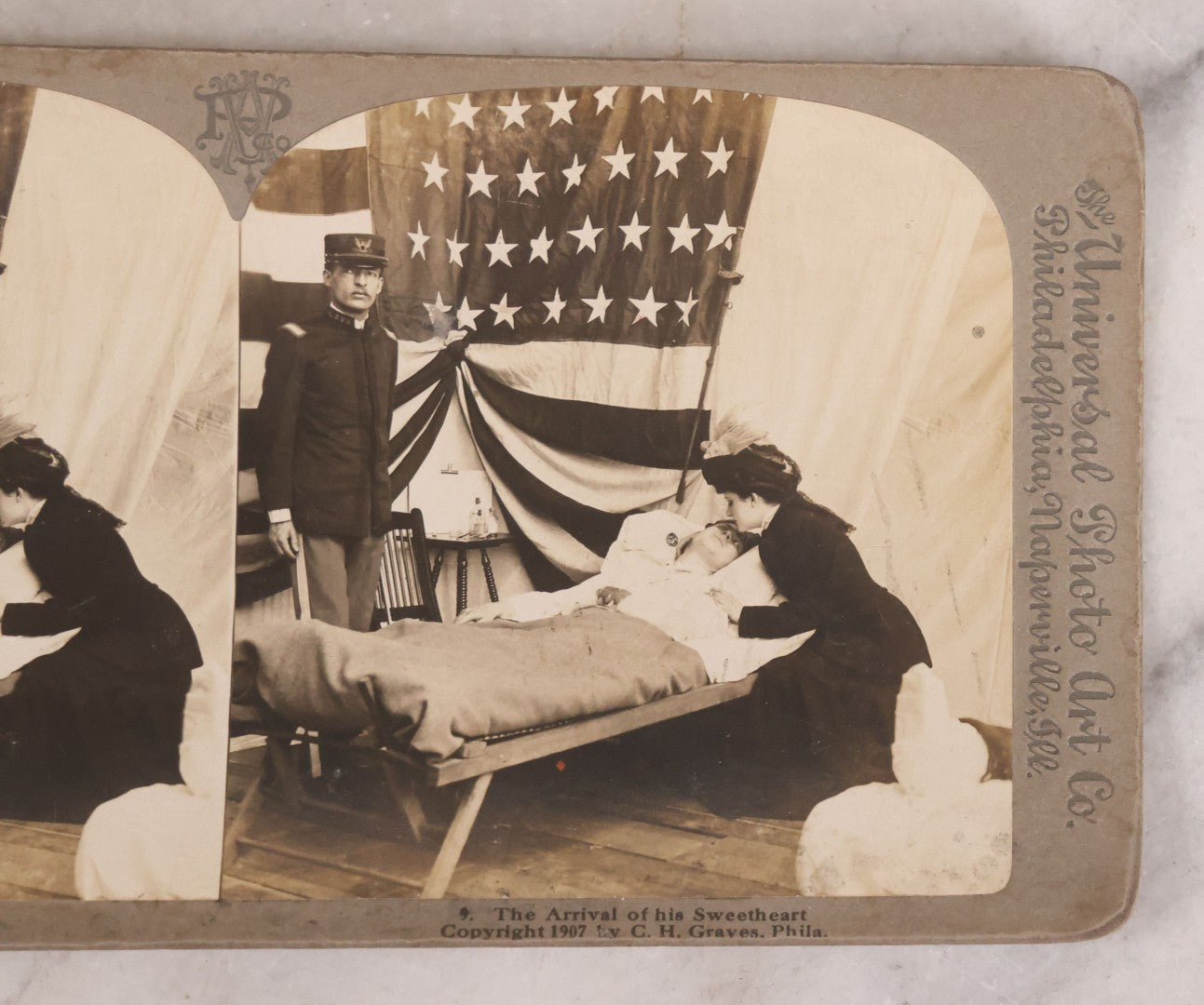 Lot 173 - Grouping Of Five Antique Stereo View Cards, Romantic Scenes Of Wounded Soldier In Bed Before American Flag, Art Nouveau (Platino) Stereograph Cards Published By Universal Photo Art Co., Copyright C.H. Graves, Publisher, 1907, Philadelphia