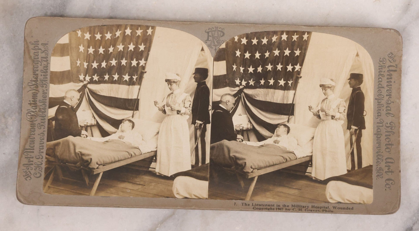 Lot 173 - Grouping Of Five Antique Stereo View Cards, Romantic Scenes Of Wounded Soldier In Bed Before American Flag, Art Nouveau (Platino) Stereograph Cards Published By Universal Photo Art Co., Copyright C.H. Graves, Publisher, 1907, Philadelphia