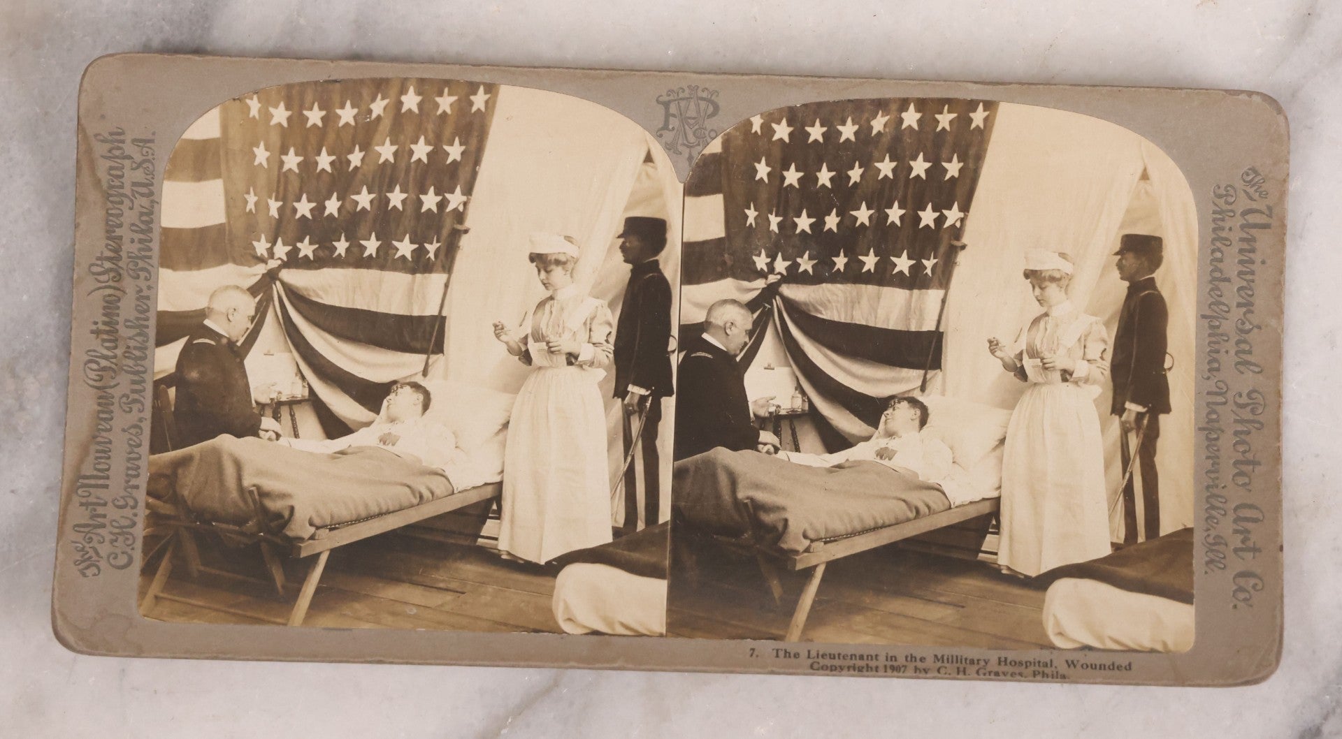 Lot 173 - Grouping Of Five Antique Stereo View Cards, Romantic Scenes Of Wounded Soldier In Bed Before American Flag, Art Nouveau (Platino) Stereograph Cards Published By Universal Photo Art Co., Copyright C.H. Graves, Publisher, 1907, Philadelphia