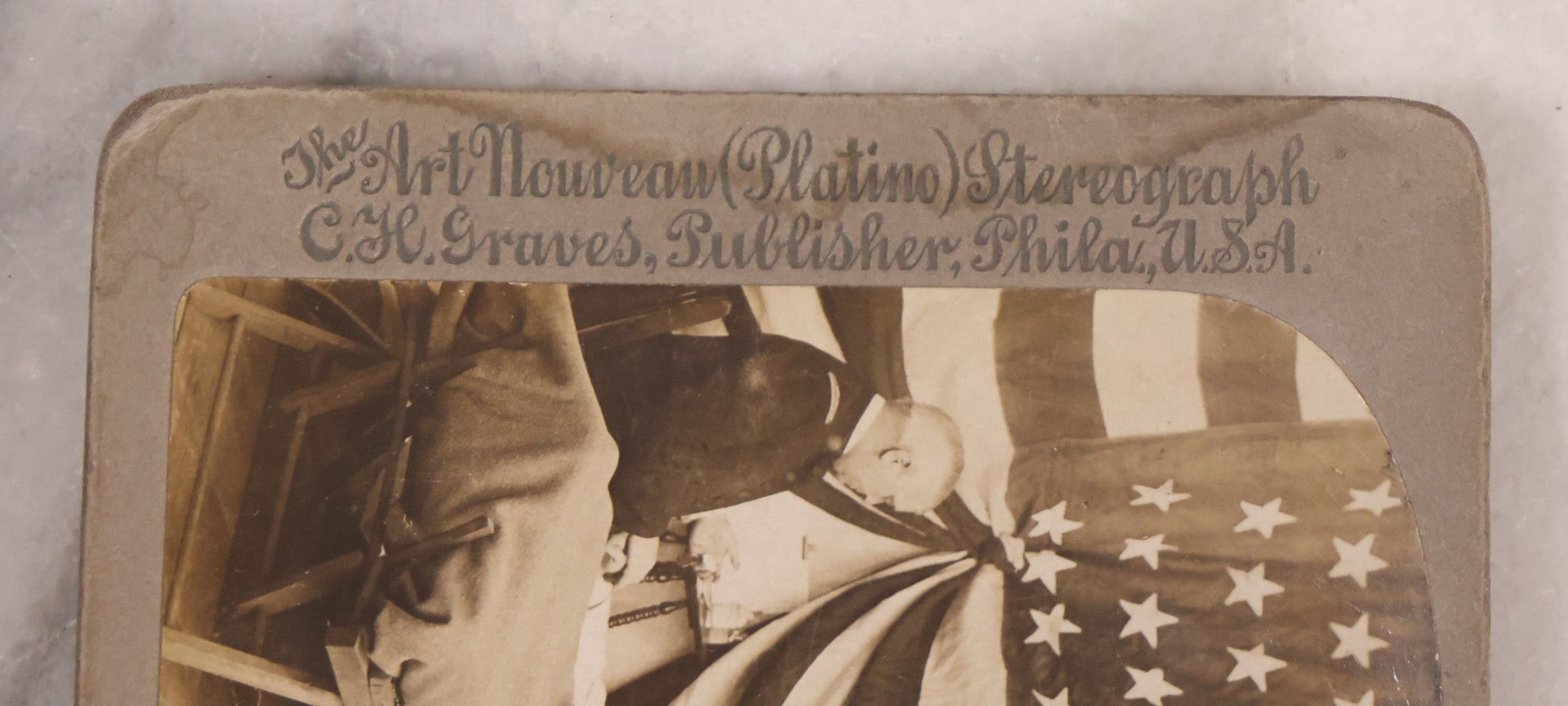 Lot 173 - Grouping Of Five Antique Stereo View Cards, Romantic Scenes Of Wounded Soldier In Bed Before American Flag, Art Nouveau (Platino) Stereograph Cards Published By Universal Photo Art Co., Copyright C.H. Graves, Publisher, 1907, Philadelphia