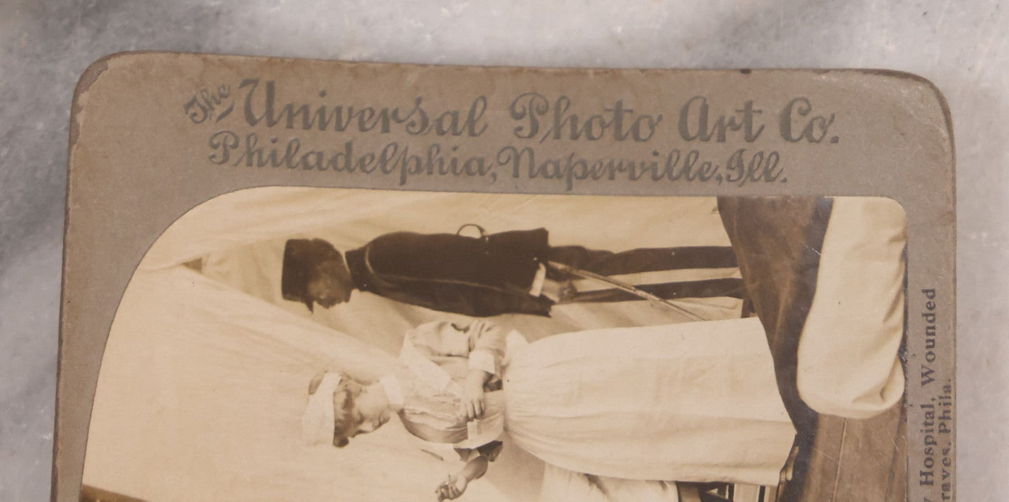 Lot 173 - Grouping Of Five Antique Stereo View Cards, Romantic Scenes Of Wounded Soldier In Bed Before American Flag, Art Nouveau (Platino) Stereograph Cards Published By Universal Photo Art Co., Copyright C.H. Graves, Publisher, 1907, Philadelphia