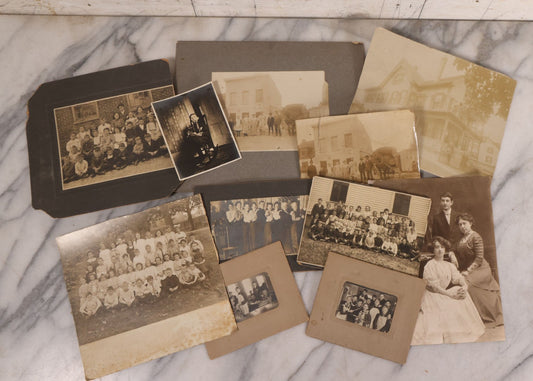 Lot 177 - Grouping Of 11 Miscellaneous Antique Board-Mounted And Unmounted Photographs Including Children In Wood Shop Class, School Class Group Portraits, Three Copies Of Occupational Photo Of Workers Outside Workplace, Child With Steam Engine Toy