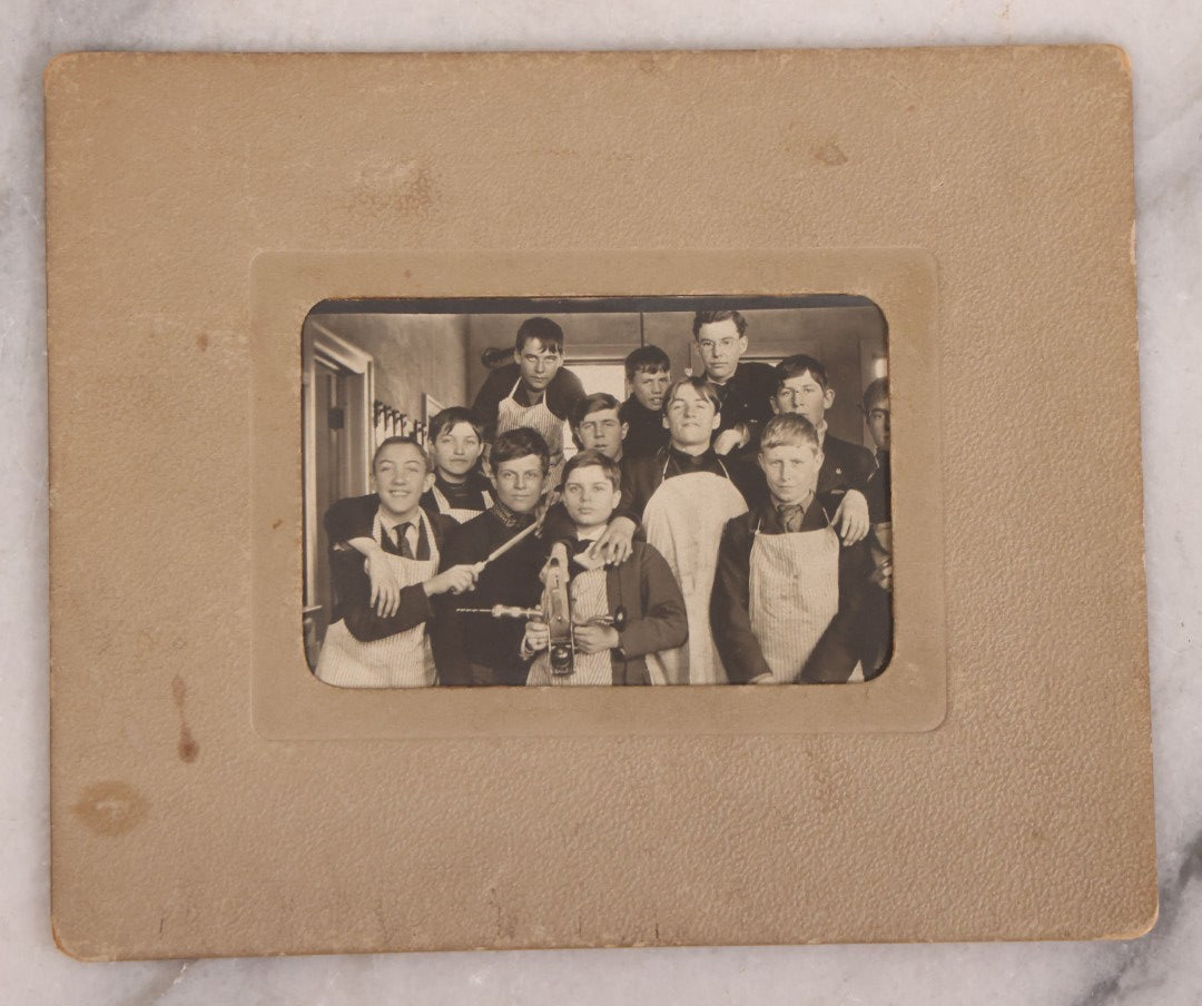 Lot 177 - Grouping Of 11 Miscellaneous Antique Board-Mounted And Unmounted Photographs Including Children In Wood Shop Class, School Class Group Portraits, Three Copies Of Occupational Photo Of Workers Outside Workplace, Child With Steam Engine Toy