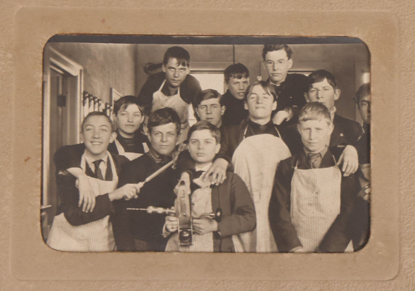 Lot 177 - Grouping Of 11 Miscellaneous Antique Board-Mounted And Unmounted Photographs Including Children In Wood Shop Class, School Class Group Portraits, Three Copies Of Occupational Photo Of Workers Outside Workplace, Child With Steam Engine Toy