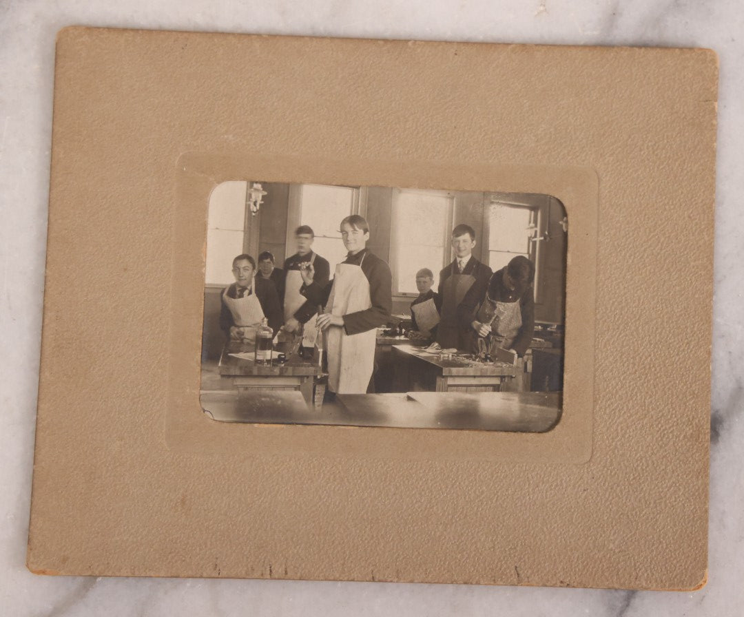 Lot 177 - Grouping Of 11 Miscellaneous Antique Board-Mounted And Unmounted Photographs Including Children In Wood Shop Class, School Class Group Portraits, Three Copies Of Occupational Photo Of Workers Outside Workplace, Child With Steam Engine Toy