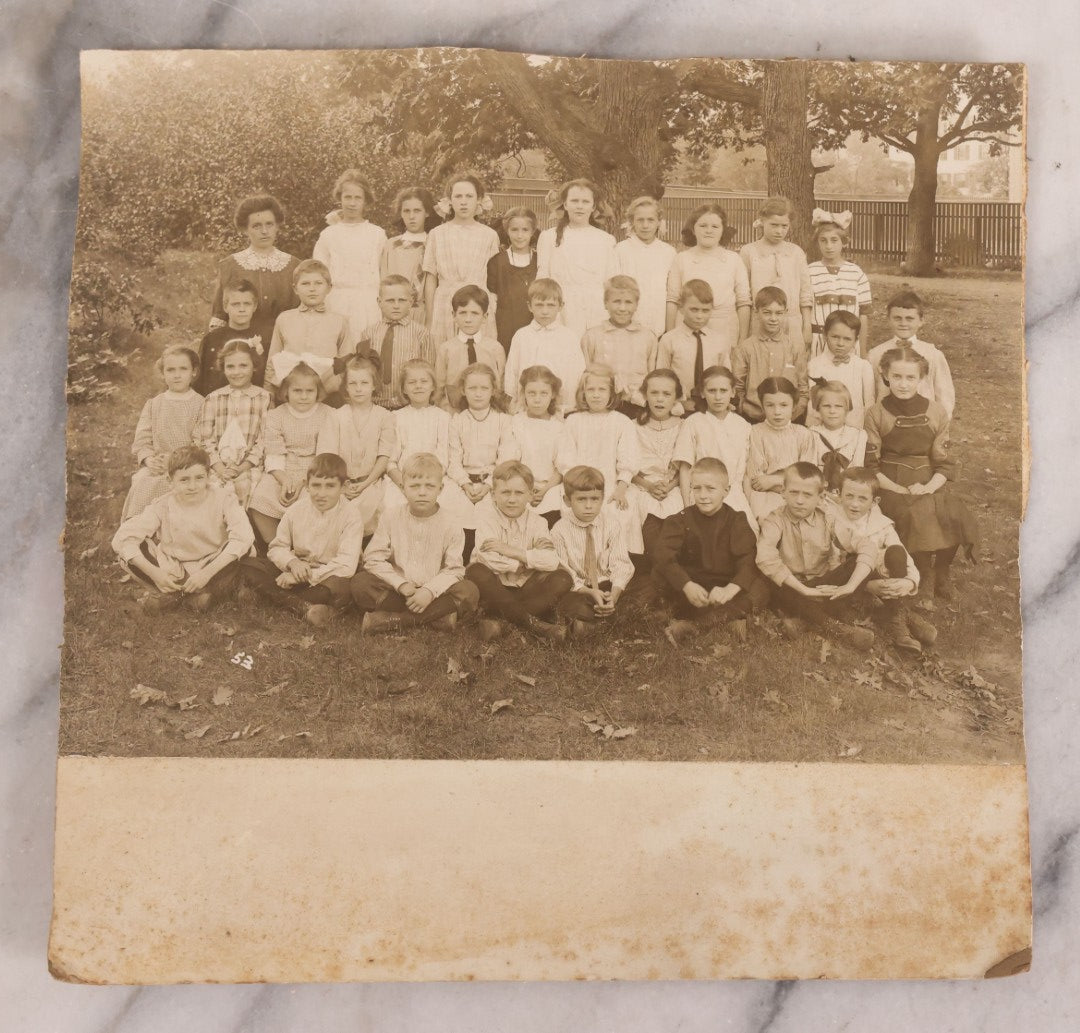 Lot 177 - Grouping Of 11 Miscellaneous Antique Board-Mounted And Unmounted Photographs Including Children In Wood Shop Class, School Class Group Portraits, Three Copies Of Occupational Photo Of Workers Outside Workplace, Child With Steam Engine Toy