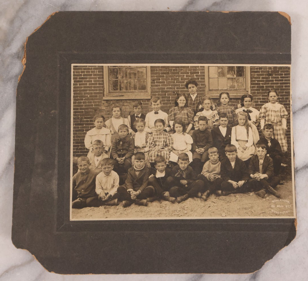 Lot 177 - Grouping Of 11 Miscellaneous Antique Board-Mounted And Unmounted Photographs Including Children In Wood Shop Class, School Class Group Portraits, Three Copies Of Occupational Photo Of Workers Outside Workplace, Child With Steam Engine Toy