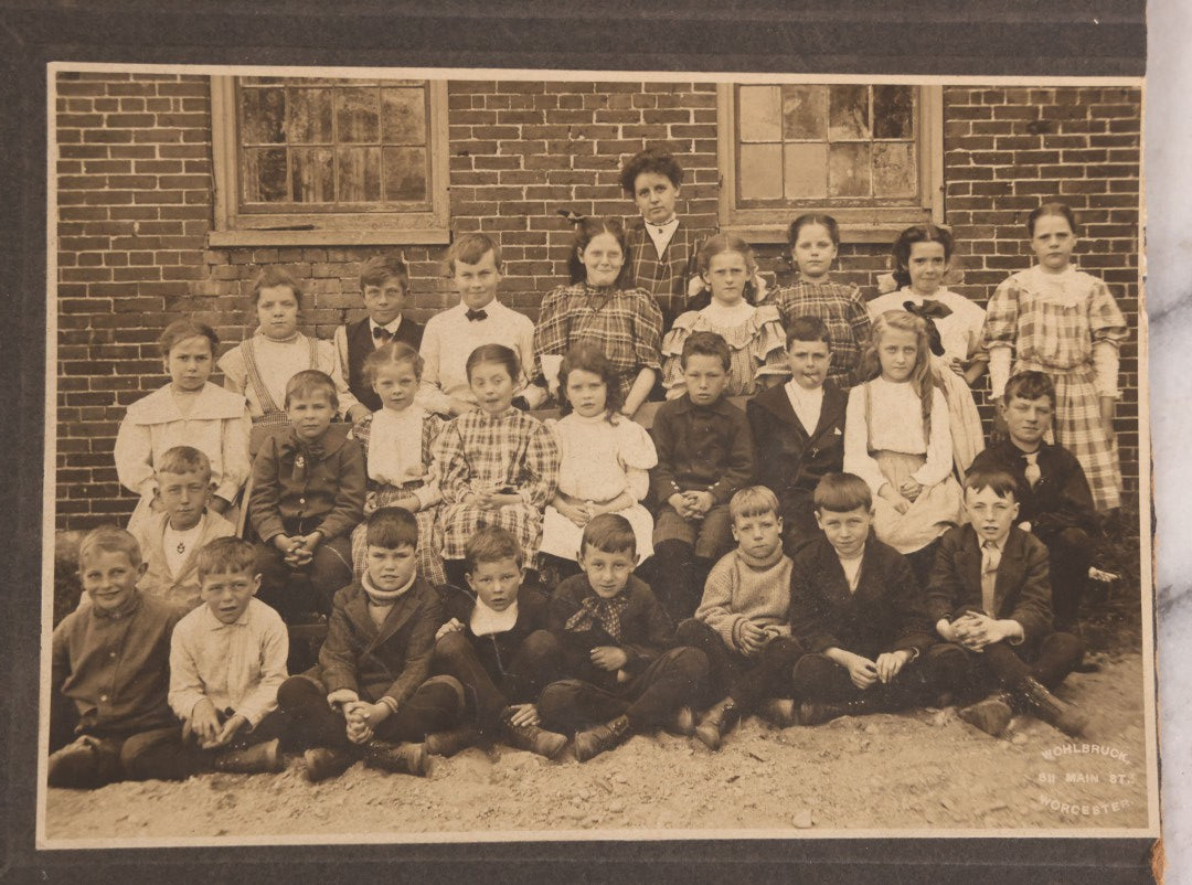 Lot 177 - Grouping Of 11 Miscellaneous Antique Board-Mounted And Unmounted Photographs Including Children In Wood Shop Class, School Class Group Portraits, Three Copies Of Occupational Photo Of Workers Outside Workplace, Child With Steam Engine Toy