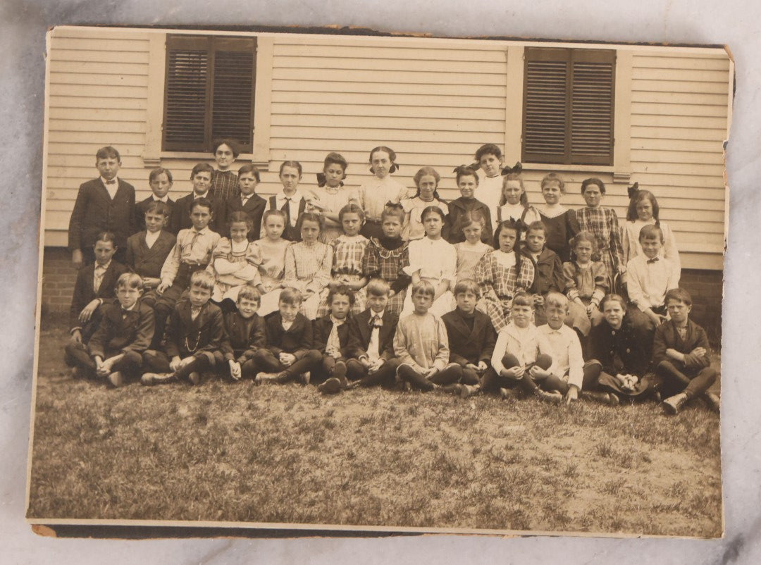 Lot 177 - Grouping Of 11 Miscellaneous Antique Board-Mounted And Unmounted Photographs Including Children In Wood Shop Class, School Class Group Portraits, Three Copies Of Occupational Photo Of Workers Outside Workplace, Child With Steam Engine Toy