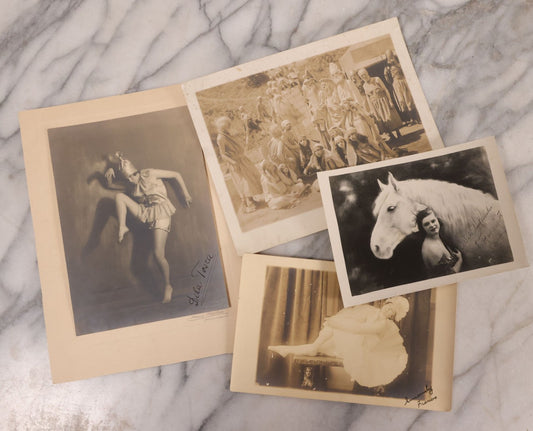 Lot 180 - Grouping Of Four Unmounted Antique Photographs Of Performers Including Biblical Play Scene, Two Dancers, And Performer With Horse