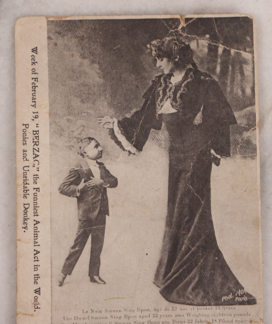Lot 181 - Antique Sideshow Postcard "'the Little Black Man' Smaan Sing Hpoo, The Smallest Midget And Athlete In The World, Height 34 Inches, Weight 20 Lbs.," Poli's New Theatre, Authorized By Act Of Congress May 19, 1898