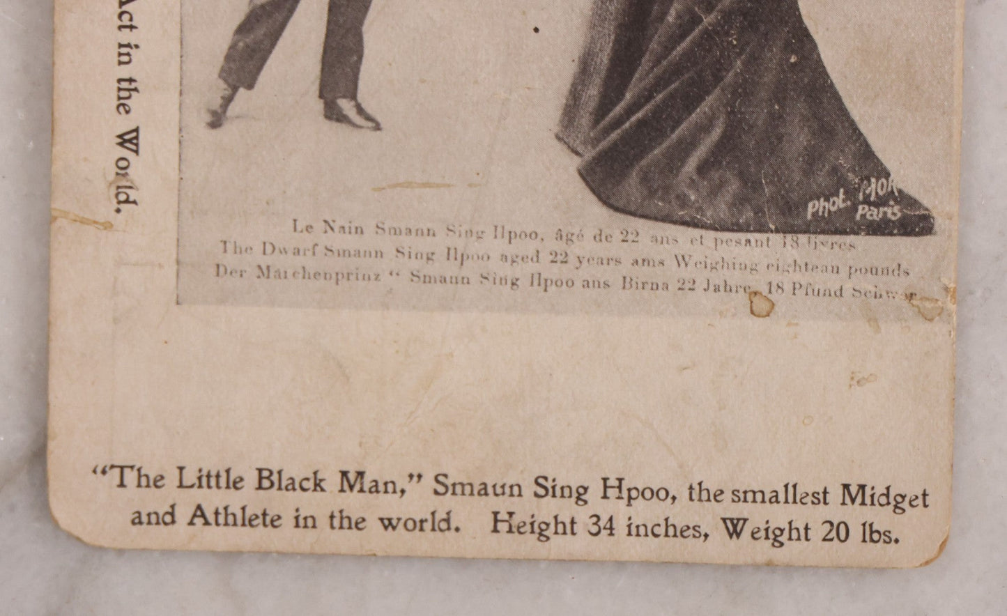 Lot 181 - Antique Sideshow Postcard "'the Little Black Man' Smaan Sing Hpoo, The Smallest Midget And Athlete In The World, Height 34 Inches, Weight 20 Lbs.," Poli's New Theatre, Authorized By Act Of Congress May 19, 1898