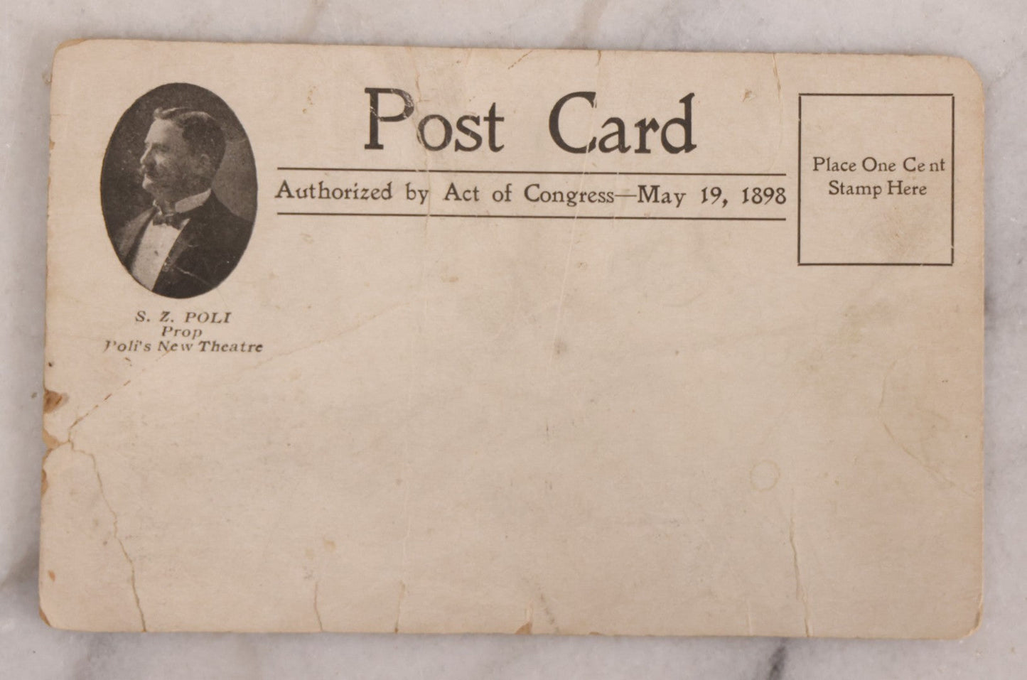 Lot 181 - Antique Sideshow Postcard "'the Little Black Man' Smaan Sing Hpoo, The Smallest Midget And Athlete In The World, Height 34 Inches, Weight 20 Lbs.," Poli's New Theatre, Authorized By Act Of Congress May 19, 1898