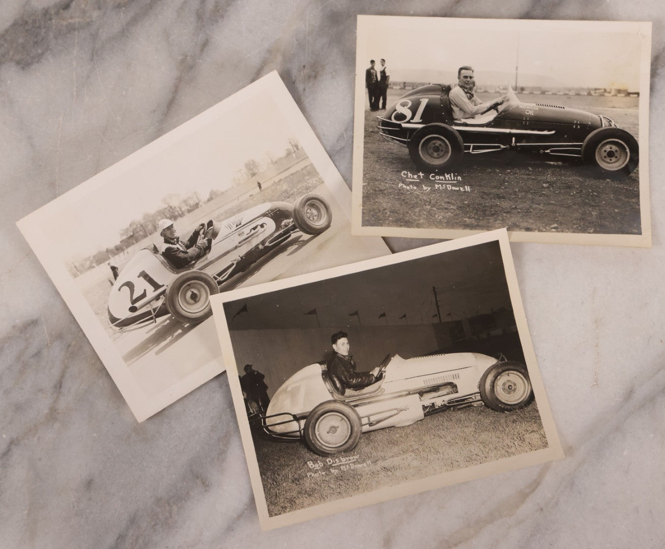 Lot 182 - Trio Of Vintage Unmounted Snapshot Photographs Of Race Cars Including Chet Conklin, Two Photographed By R. McDowell, Oceanside, New York