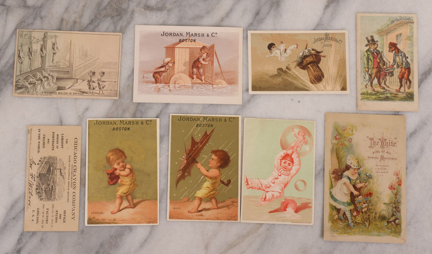 Lot 188 - Grouping Of 100+ Mixed Antique Lithograph Trade Card Advertisements Including Many From Jordan Marsh & Co., Instruments, Food, Clothing, Medicine, And More