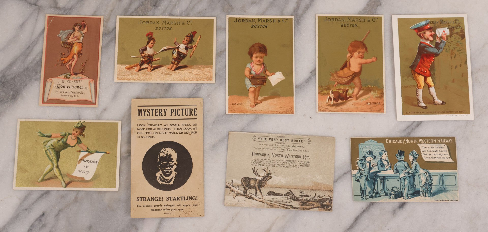 Lot 188 - Grouping Of 100+ Mixed Antique Lithograph Trade Card Advertisements Including Many From Jordan Marsh & Co., Instruments, Food, Clothing, Medicine, And More