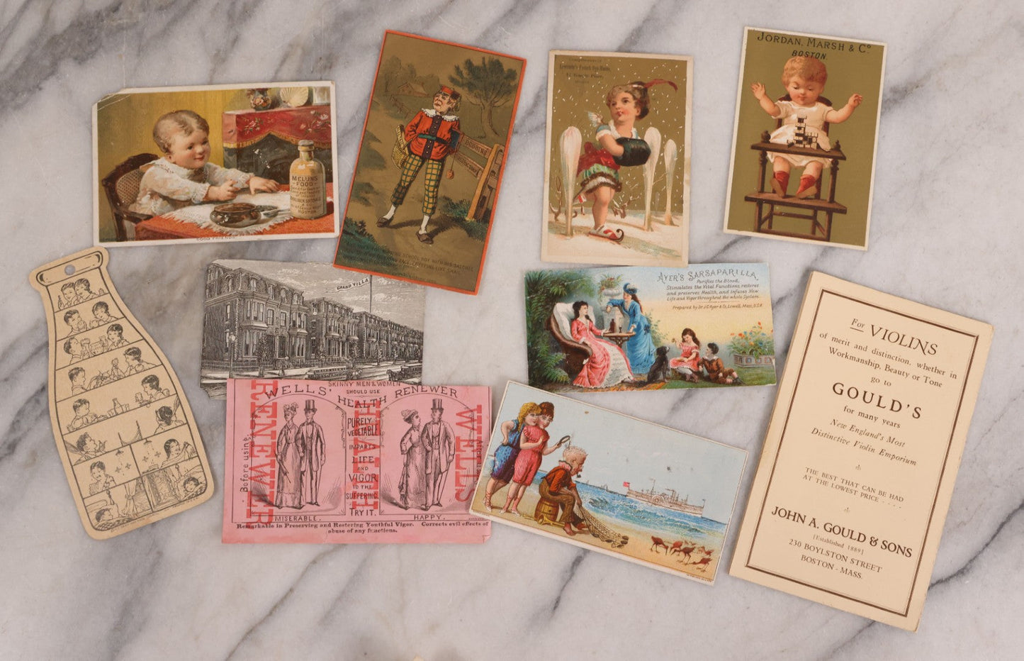 Lot 188 - Grouping Of 100+ Mixed Antique Lithograph Trade Card Advertisements Including Many From Jordan Marsh & Co., Instruments, Food, Clothing, Medicine, And More