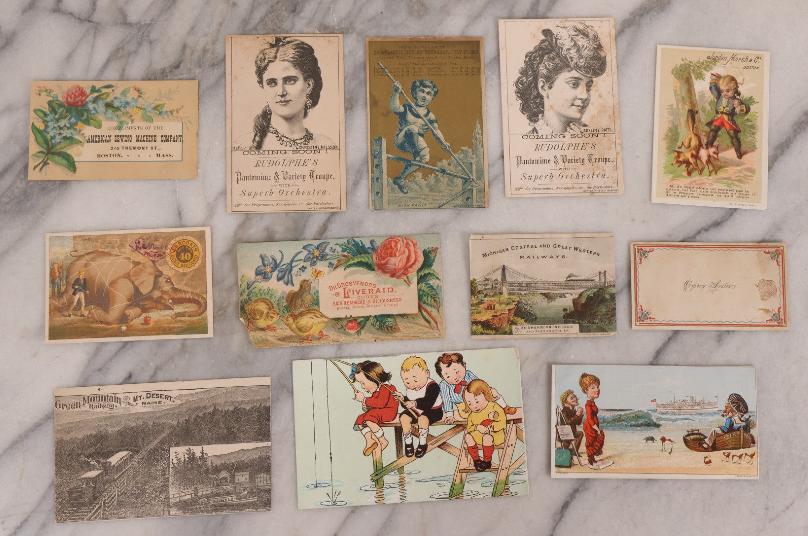 Lot 188 - Grouping Of 100+ Mixed Antique Lithograph Trade Card Advertisements Including Many From Jordan Marsh & Co., Instruments, Food, Clothing, Medicine, And More