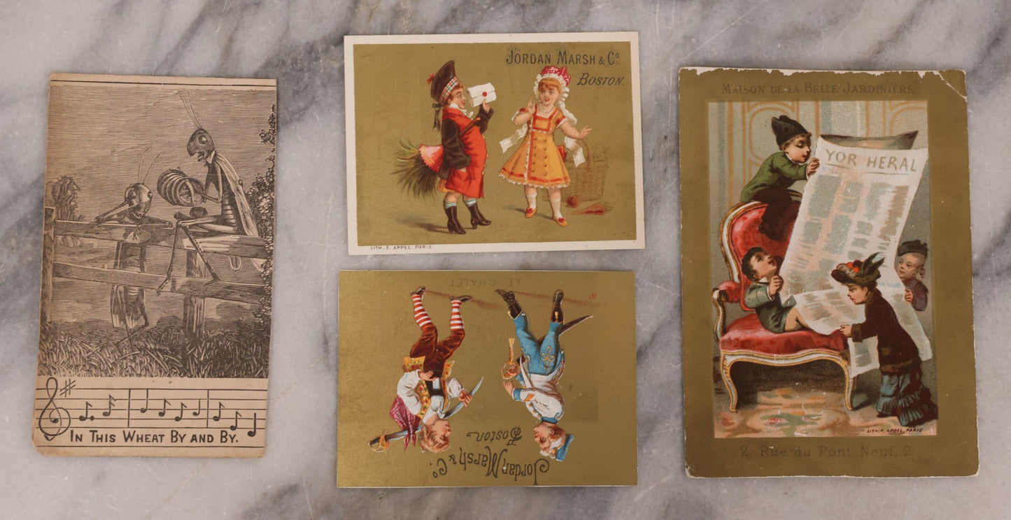 Lot 188 - Grouping Of 100+ Mixed Antique Lithograph Trade Card Advertisements Including Many From Jordan Marsh & Co., Instruments, Food, Clothing, Medicine, And More