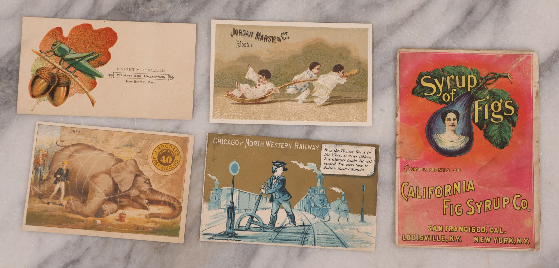 Lot 188 - Grouping Of 100+ Mixed Antique Lithograph Trade Card Advertisements Including Many From Jordan Marsh & Co., Instruments, Food, Clothing, Medicine, And More