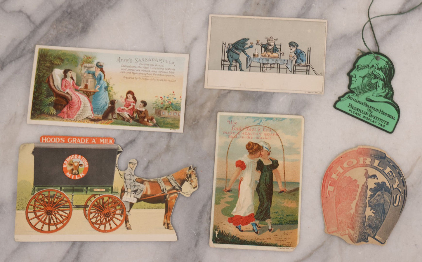 Lot 188 - Grouping Of 100+ Mixed Antique Lithograph Trade Card Advertisements Including Many From Jordan Marsh & Co., Instruments, Food, Clothing, Medicine, And More