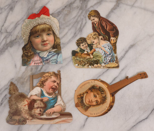 Lot 189 - Grouping Of Four Large Size Antique Chromolithograph Die Cut Advertisements Including Hood's Sarsaparilla, 1889, D. McCarthy & Co., Syracuse, New York In Banjo Form, And Two 1880s The Great Atlantic And Pacific Tea Co.