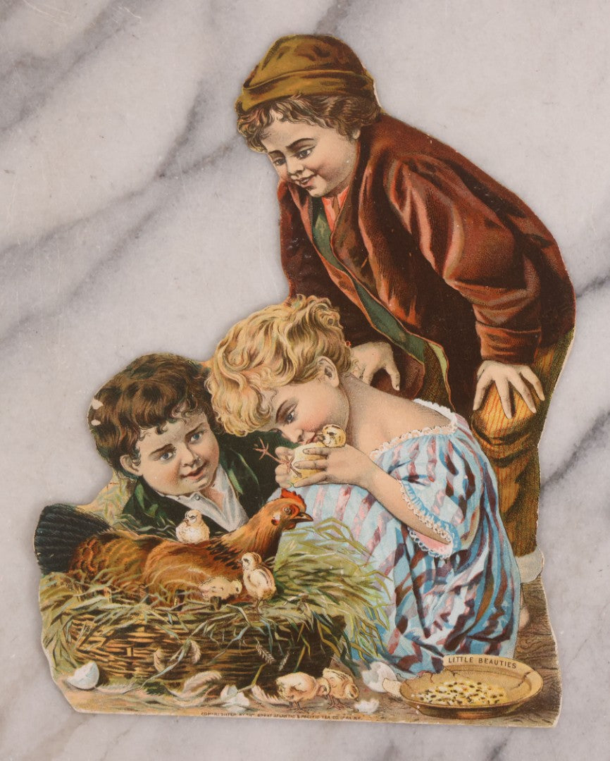 Lot 189 - Grouping Of Four Large Size Antique Chromolithograph Die Cut Advertisements Including Hood's Sarsaparilla, 1889, D. McCarthy & Co., Syracuse, New York In Banjo Form, And Two 1880s The Great Atlantic And Pacific Tea Co.