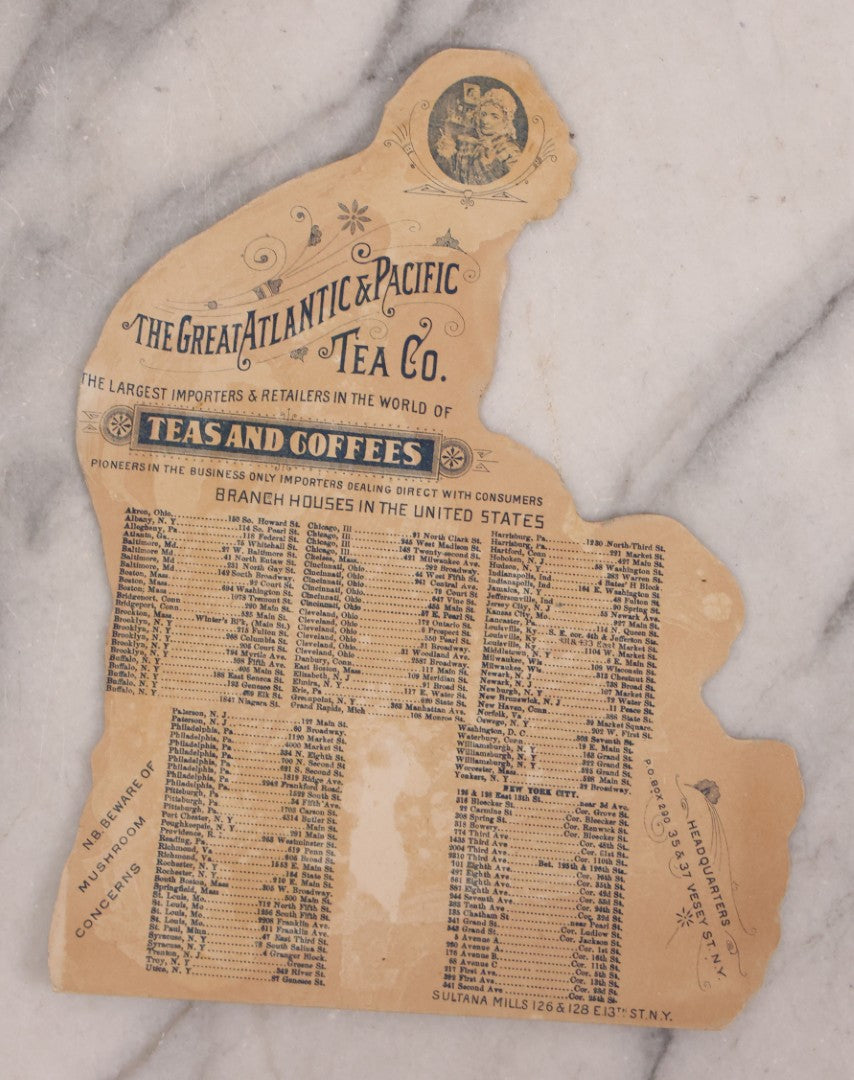 Lot 189 - Grouping Of Four Large Size Antique Chromolithograph Die Cut Advertisements Including Hood's Sarsaparilla, 1889, D. McCarthy & Co., Syracuse, New York In Banjo Form, And Two 1880s The Great Atlantic And Pacific Tea Co.