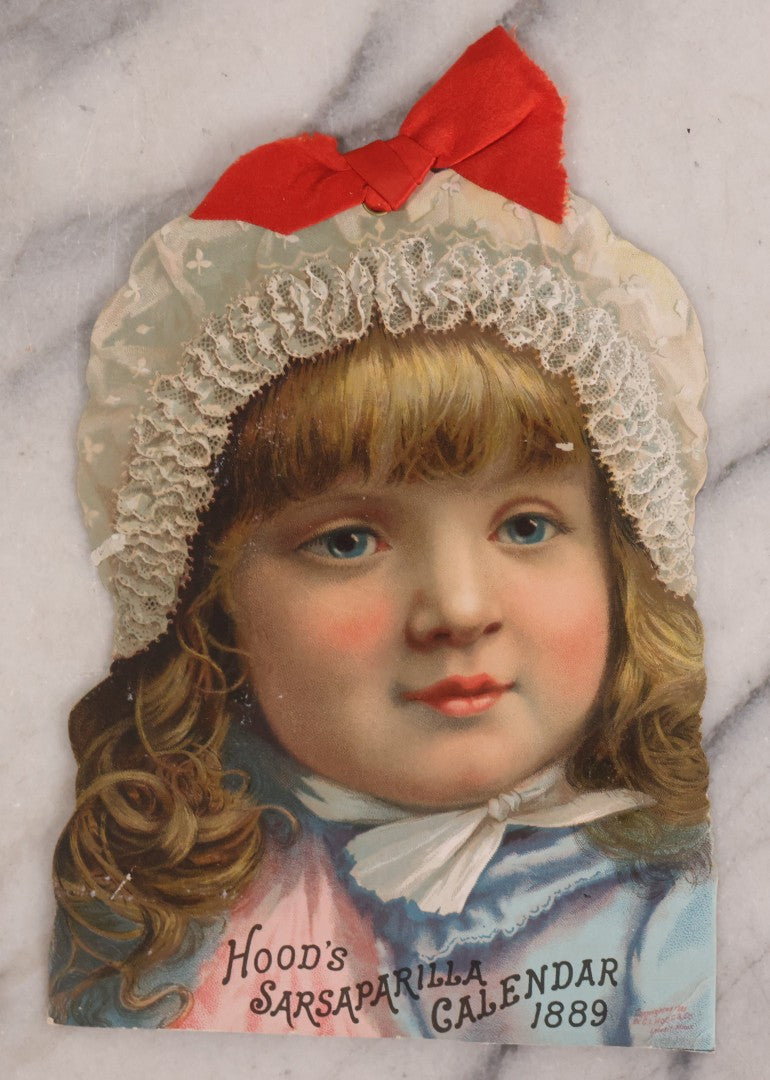 Lot 189 - Grouping Of Four Large Size Antique Chromolithograph Die Cut Advertisements Including Hood's Sarsaparilla, 1889, D. McCarthy & Co., Syracuse, New York In Banjo Form, And Two 1880s The Great Atlantic And Pacific Tea Co.